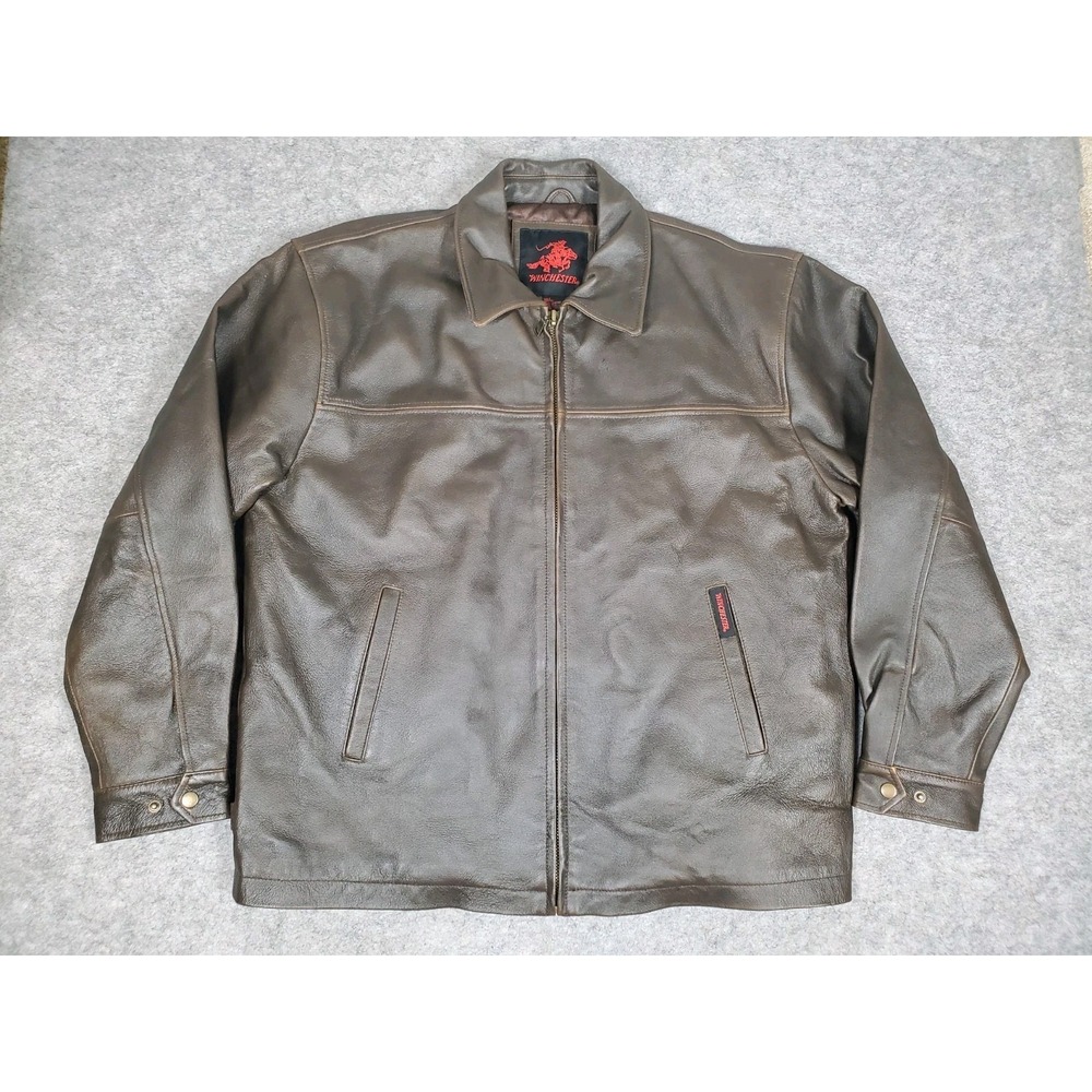Winchester Mens Leather Jacket Brown Coat Large Full Zip Bomber Snap Cuffs